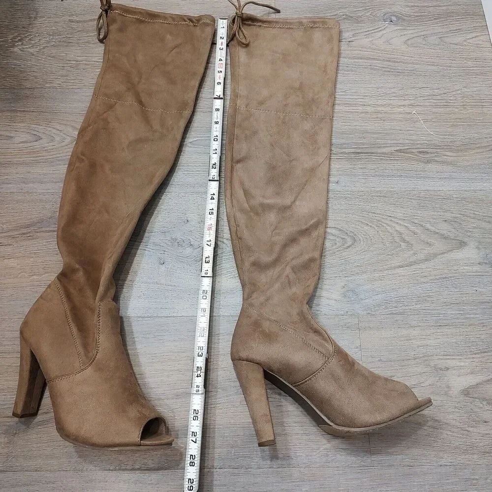 Forever Thigh High Boots Women 9 Brown Suede Open Peekaboo‎ Toe Over The Knee